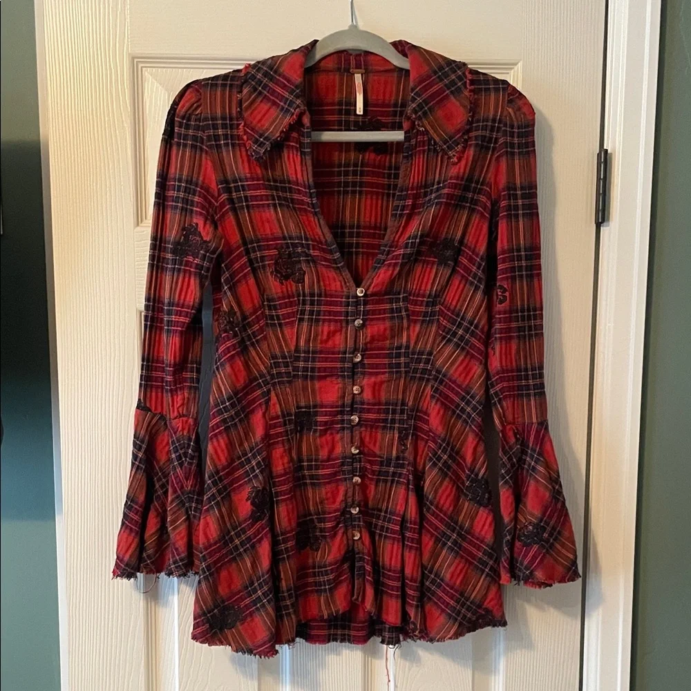 Free People Ezra Embroidered Red Plaid Bell Sleeve Top - Picture 3 of 8